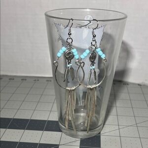 Handmade copper Blue Feather Earrings